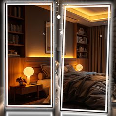 the reflection of a bed in a mirror with lights on it and a night stand next to it