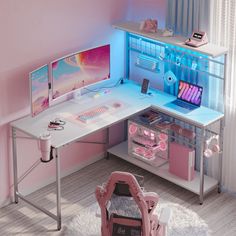 a child's desk and chair in a pink room