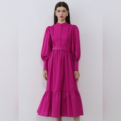 Nwt Chic Wish Lantern Sleeve Button Down Linen-Blend Midi Dress In Magenta Sz M Infuse Your Wardrobe With Effortless Elegance In This Dress. Featuring Lantern Sleeves And A Classic Button Front Design, This Dress Melds Vintage Charm With Modern Comfort. Crafted From A Breezy Linen Blend, It's Both Breathable And Stylish. Ideal For Daytime Events Or Casual Outings. Seam Details Lantern Sleeves Buttoned Cuffs Belt Accompanied Frilling Hem Buttons Fastening Concealed Side Zip Closure Lined 45% Line Pink Buttoned Knee-length Midi Dress, Pink Knee-length Buttoned Midi Dress, Pink Midi Dress With Button Closure For Daywear, Pink Knee-length Midi Dress With Buttons, Pink Midi Length Shirt Dress With Button Closure, Pink Button-up Midi Dress, Pink Button-up Midi Dress For Daywear, Pink Button-up Midi Dress With Button Closure, Pink Knee-length Shirt Dress With Buttons