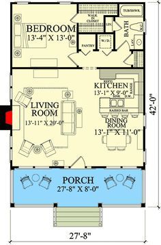 a floor plan for a small house with two bedroom and living room, attached to the kitchen