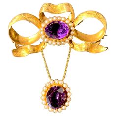 Antique Bow Brooch Russian Amethyst 14 Karat Gold Oriental Pearls For Sale at 1stDibs Jewellery Vintage, Bow Brooch, Antique Brooches, Gold Ribbon, Amethyst Jewelry, Gold Ribbons, Frame Set, Antique Jewellery, Dark Wallpaper