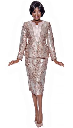 Terramina Designer Suit Style: 7125 Three piece skirt suit in floral pattern with double peplum, camisole & sparkle trim Color: Mauve Damask Skirt, Grandmas Birthday, Birthday Wear, Church Suits And Hats, Brocade Skirt, Tailored Skirt, Fancy Suit, Church Suits, Designer Suit