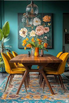 a dining room with blue walls and yellow chairs