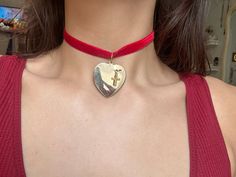 Romeo and huliet aesthetic velvet red choker with cross dangle on heart charm on my etsy FlippingDolls Religious Photography, Red Choker, Nice Jewelry, Heart Choker, Velvet Choker, Choker Necklaces, Sacred Heart, Saint Louis, Gold Heart