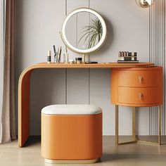 an orange vanity and stool in front of a mirror