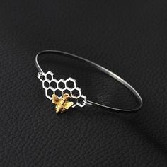 Bumblebee On Honeycomb Bangle Bracelet Charm Bracelets For Girls, Bee Bracelets, Fairy Jewelry, Bee Jewelry, Bee Pendant, Bee Earrings, Bangle Bracelets With Charms, Silver Bangle Bracelets, Cute Bracelets