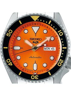 Seiko 5 Sports SBSA009 - men's watch produced by Seiko. It has Japanese automatic movement and 4R36 calibre. Stainless steel case of round shape. Case dimensions are 42.5 mm. in diameter and 13.4 mm. in thickness. The dial of this Seiko watch is orange. Display type: analog. This timepiece has hardlex glass. Stainless steel band, band color: silver. 100 m. water resistance. The watch is from 5 Sports collection. The following features are equipped: glowing hands, glowing markers, date, day, anti Automatic Sports Watches, Sports Automatic Watches, Sports Automatic Watches With Round Dial, Automatic Chronograph Sports Watch With Round Dial, Orange Display, Glowing Hands, Men’s Seiko Watches, Grand Seiko Spring Drive, Seiko Spb143