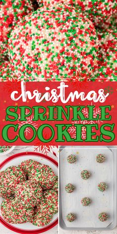 christmas sprinkle cookies are on display in front of a red and green sign