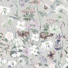 a floral wallpaper with white, pink and green flowers on a gray background in pastel shades