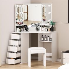 PRICES MAY VARY. NOTICE: This corner vanity with mirror and lights is shipped in two separate packages (Box A and Box B) and should be installed only after receiving both packages. Adjustable Lighting and Spacious Mirror: Equipped with 10 LED bulbs with adjustable brightness and three light modes, this makeup table provides a large mirror for creating the perfect makeup look every day. Ample Storage: With a large desktop, 5 drawers, 2 shelves, and additional storage space, this vanity offers ple Corner Vanity Table, Vanity Table With Lights, Corner Makeup Vanity, Corner Dressing Table, Vanity Desk With Mirror, Desk With Mirror, Corner Vanity, Mirrored Vanity Desk, Dressing Table Design