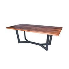 a wooden table sitting on top of a metal frame