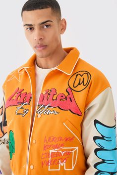 Boxy Fit Graffiti Varsity Jacket | boohooMAN USA Style Varsity Jacket, Coach Jackets, College Jackets, Borg Jacket, Varsity Jacket Men, Heavy Coat, Harrington Jacket, Bra Dress, Jackets For Men