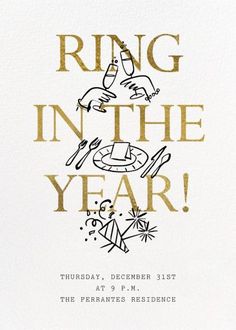 a white and gold card with the words ring in the year written on it's front