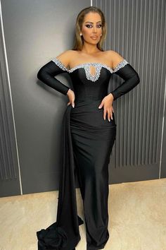 New Arrival Black Long Sleeves Mermaid Evening Party Gowns with beads Dresses With Pearls, Long Sleeve Mermaid Prom Dress, Trendy Prom Dresses, Mermaid Evening Gown, Floor Length Prom Dresses, Dresses Formal Elegant, Evening Gowns Elegant, Beaded Prom Dress, Satin Prom Dress