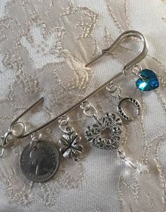 Something Old Something New …. Bridal Pin Keepsake/Wedding Gift Wedding Brooch In Safety Pin Shape, Kilt Pin Jewelry, Queen Elizabeth Ii Coin, Keepsake Wedding, Something Old Something New, Swarovski Crystal Hearts, Kilt Pin, Winter Wonderland Wedding, Clover Charm