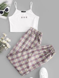 Crop Top With Pants, Teen Outfits, Cute Sleepwear, Mode Kpop, Plaid Pants