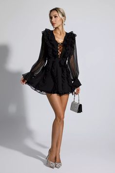 Elegant Backless Chiffon Mini Dress, Long Sleeve Chiffon Mini Dress With Sheer Sleeves, Feminine Chiffon Mini Dress For Night Out, Chic Long Sleeve Chiffon Dress With Ruffles, Chic Chiffon Cocktail Dress With Sheer Sleeves, Chic Chiffon Dress With Sheer Sleeves For Cocktail, Elegant Sheer Chiffon Dress For Night Out, Sheer Chiffon Mini Dress For Date Night, Sheer Chiffon Mini Dress For Cocktail