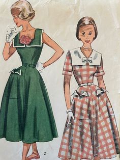 A wide square collar is featured on the fitted bodice.  The flared skirt joins the bodice at the natural waistline.  Style 1 has short cuffed sleeves.  Pockets, trimmed with contrasting pointed flaps, are featured on the skirt front.  Style 2 is a sleeveless version.  Bias binding is used for trimming. The pattern is neatly cut and complete with instructions. The envelope has discoloration due to age and wear/small tears at the edges. Square Neck Retro Dresses For Vintage Fashion, Retro Square Neck Dresses For Vintage Fashion, Retro Dress With Pleated Fitted Bodice, Fitted Retro Vintage Dress With Square Neck, Vintage Dress With Fitted Bodice And Full Skirt, Vintage Dress With Square Neck, Retro A-line Dress With Box Pleat, Square Neck Retro Vintage Dress, Retro Square Neck Vintage Dress