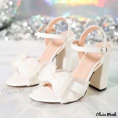 Olivia Mark - White Bow Chunky Heel Sandals with Ankle Strap for Wedding Banquets Chic Summer Wedding Guest Shoes, Closed Toe Sandals For Summer Wedding Guests, Summer Closed Toe Sandals For Wedding Guests, Summer Wedding Guest Closed Toe Sandals, Spring Wedding Guest Sandals With Round Toe, Summer Wedding Guest Sandals With Block Heel, Low Heel Summer Wedding Guest Shoes, Summer Wedding Guest Shoes With Block Heel, Summer Wedding Guest Shoes With Low Heel