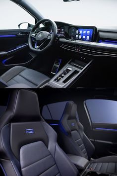 the interior of a modern car with blue trim