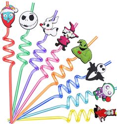 a bunch of different colored plastic items on a white background with one being an odd character