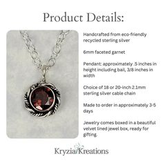 This vintage style garnet pendant necklace radiates the timeless mystique of a bygone era, yet is perfect to wear every day. Hand-wrought from recycled sterling silver, a 6mm faceted round garnet is bezel-set in an open-back setting surrounded by a lightly oxidized twisted rope halo that glides freely on your choice of an 18 or 20-inch slim sterling silver cable chain. This necklace would make a lovely gift for someone born in the month of January as garnet is that month's birthstone, or as a gi Anniversary Jewelry With Faceted Garnet, Anniversary Garnet Faceted Jewelry, Anniversary Faceted Garnet Jewelry, Classic Gemstone Birthstone Necklace, Classic Birthstone Necklace With Round Gemstone Pendant, Classic Garnet Jewelry With Polished Finish, Classic Birthstone Necklace With Round Pendant, Classic Sterling Silver Birthstone Necklace As Gift, Classic Sterling Silver Birthstone Necklace For Gifting