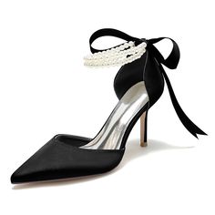 Shop Black Satin Pearl Ankle Strap Pointed Toe Stiletto Heel Lace up Wedding Shoes color Black for Wedding with worldwide Free shipping & Free return. Black Wedding Shoes Bride Heels, Ivory Heels Wedding, Closed Toe Heel, Colorful Wedding Shoes, Wedding Shoes High Heels, Prom Dress Trends, Sequin Sandals, Prom Dress Shoes, Ivory Wedding Shoes