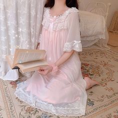 Simpul Dasi, Gaun Abad Pertengahan, Nightgown Long, Lace Trim Shorts, Pajama Dress, Women's Robe, Sleep Dress, Round Neck Dresses