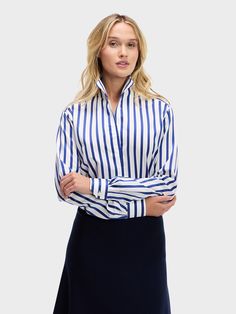 NAVY SATIN & WHITE STRIPE Our best-selling Signature Shirt in a classic navy satin and white stripe. Cap Sleeve Shirt, Girls 16, Dress Shirt Sleeves, White Satin, Western Shirts, Black Friday Sale, Flutter Sleeve, Navy And White, Cap Sleeves