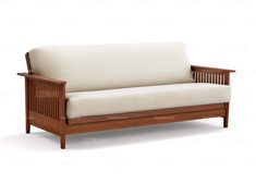 a wooden couch with white cushions on it