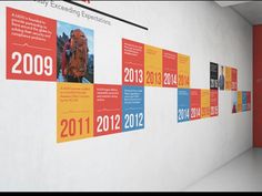 a wall with posters on it in an office building, showing the year 2011 - 2012