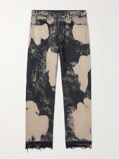 CELINE HOMME Wesley Straight-Leg Distressed Bleached Jeans | MR PORTER Jeans Design Ideas Diy, Screen Print Jeans, Spiritual Fashion Men, Bleach Pattern Jeans, Bleach Art On Clothes, Bleaching Pants, Painted Jeans Men, Bleached Jeans Design, Graphic Trousers