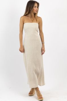 *SIGN UP FOR RESTOCK NOTIFICATIONS, ITEMS ARE RESTOCKED WHEN POSSIBLE BASED ON DEMAND* DESCRIPTION 100% Linen Strapless maxi dress, Linen, Lined, Smocked back, A-line fit, Side zipper closure Naomie is wearing a size small Height | 5'8 Dress size | 2 Please note: All items purchased on sale are final sale. We recommend checking your cart for sale items to make note of non-returnable items. Fitted Maxi Dress With Straight Neckline For Vacation, Beige Maxi Dress With Fitted Straight Neckline, Fitted Beige Maxi Dress With Straight Neckline, Beige Fitted Maxi Dress With Straight Neckline, Linen Sundress Maxi Dress For Brunch, Linen Maxi Dress For Brunch, Maxi Linen Dress For Brunch, Maxi Length Linen Dress For Brunch, Chic Linen Maxi Dress