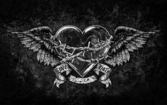 a heart with wings and two crossed swords in the middle, on a black background