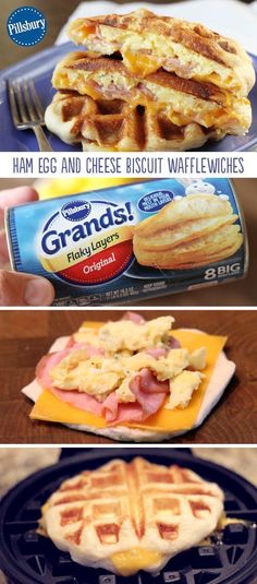 three different types of waffles with eggs and cheese on them, one is ham egg and the other is biscuit waffle sandwiches