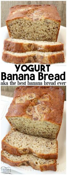 three slices of banana bread stacked on top of each other with text overlay reading yogurt banana bread aka the best banana bread ever