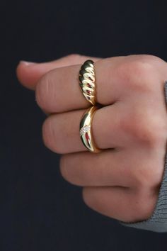 The Eva Dome Ring is both modern and classy. Pave cz details give just a slight sparkle to the otherwise all gold chunky ring. Gold plate over sterling silver Gold Chunky Ring, Chunky Ring, Dome Ring, Chunky Rings, Domed Ring, Ring Gold, Gold Color, Gold Rings, Gold Plate