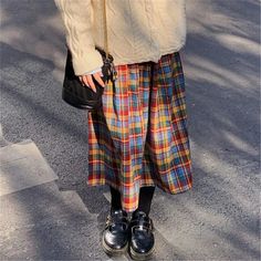 Vevesc Y2K Japanese Rainbow High Waist A-Line Wool Plaid Skirt Female Students Preppy Style Wild Midi Skirt Women Autumn Long Skirt Material: COTTON Material: POLYESTER Elasticity: Slight Strech Fabric Type: Broadcloth Silhouette: Pleated Dresses Length: Mid-Calf Note:1.Dear, if you are not sure about the size you have chosen, you can contact us.2.Since it is a Asian size, please select the size according to the size of the form.3.The size in the clothes is Chinese size; Our US size is not stand Wool Plaid Skirt, Cargo Dress Pants, 일본 패션, Rainbow High, Mode Chic, Ropa Diy, Skirt Women, Mode Inspo, Plaid Skirt