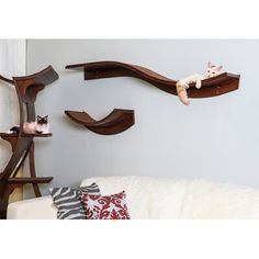 two cats sitting on wooden shelves in a living room