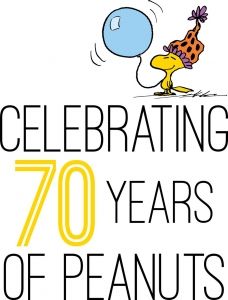 the cover of celebrating 70 years of peanuts with an image of a cartoon character holding a blue balloon