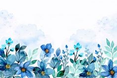 watercolor painting of blue flowers and green leaves on a white background with space for text