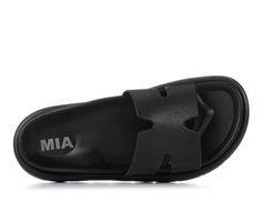 Crafted for all-day comfort, these MIA Bertini Sandals feature a convenient slip-on design, making them the ideal choice for hassle-free summer days. The cushioned insole ensures a pleasurable experience with each step, providing support that allows you to confidently navigate your daily adventures. Open toe, Slip-on for easy entry, Flexible and lightweight construction, Textured outsole provides traction, Cushioned footbed for exceptional comfort and support | Women's MIA Bertini Sandals in Bla Slip-on Sandals With Rubber Sole, Slip-on Eva Sandals With Textured Footbed, Eva Slip-on Sandals With Textured Footbed, Cushioned Slip-on Eva Sandals, Summer Closed Toe Slippers With Ortholite Insole, Eva Slide Sandals With Rubber Sole, Adjustable Slippers With Ortholite Insole For Summer, Summer Flat Slippers With Ortholite Insole, Beach Sandals With Rubber Sole And Eva Material