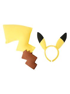 two pieces of paper with black and yellow ears, one in the shape of a pikachu