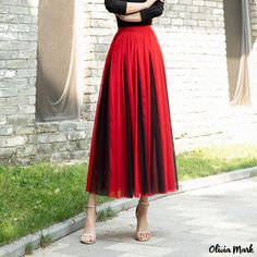 Olivia Mark - Color Block Mesh Midi Skirt with Flared Hem and High Waist Red And Black Skirt, Mesh Midi Skirt, Vintage Fringe, Flowy Design, Fairy Dress, Types Of Skirts, Black Skirt, Olivia Mark, Red And Black