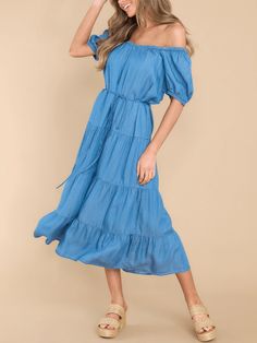 Blue Denim Dresses For Women, Short Sleeve Denim Dress, Loose Midi Dress, Blue Denim Dress, Denim Midi Dress, Daily Dress, Tier Skirt, Denim Outfit, Flowing Maxi Dress