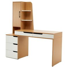 a wooden desk with two drawers and a shelf