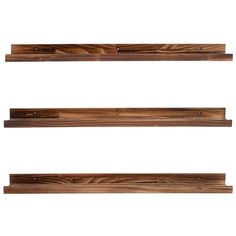 three wooden shelves are shown against a white background