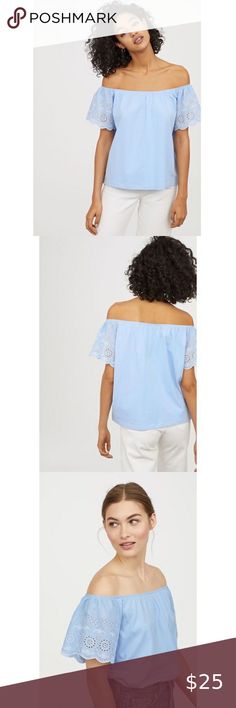 H&M light blue embroidered off the shoulder top New with tags! H&M light blue embroidered off the shoulder top. 100% Cotton.This beautiful oversized boxy fit top has flutter scalloped sleeves with beautiful white embroidery eyelet pattern. Size is medium when laid flat it’s 23” across from pit to pit and 22” long. H&M Tops Scalloped Sleeves, White Embroidery, Off The Shoulder Top, Top 100, Workout Tops, Off Shoulder Blouse, Off Shoulder Dress, Shoulder Top, Off The Shoulder