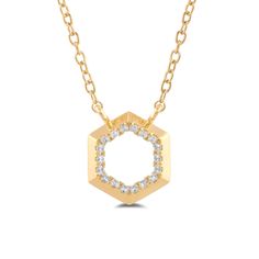 A petite diamond necklace capable of proving that a little goes a long way. Small in size but big in impact, this hexagonal pendant sparkles beautifully when it catches the light. The geometric profile and knife-edge design of this piece deliver the perfect amount of style and edge. Gold Hexagonal Jewelry With Diamond Accents, Hexagon Gold Jewelry With Diamond Accents, Gold Hexagon Jewelry With Diamond Accents, Fine Jewelry Octagon Diamond Necklace With Single Cut Diamonds, Octagon Necklace With Diamond Accents For Gifts, Yellow Gold Diamond Octagon Necklace, Octagon Diamond Necklace In Yellow Gold, Gold Octagon Necklace With Diamond Accents, Gold Octagon Necklaces With Diamond Accents