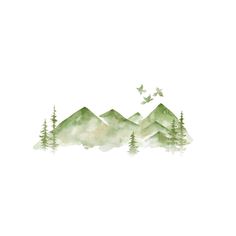 a watercolor painting of mountains and trees with birds flying over them on a white background